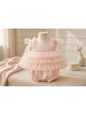 Princess Collection Baby Girl Dress 6M Pink Tulle Ruffle Satin Romper Pearl